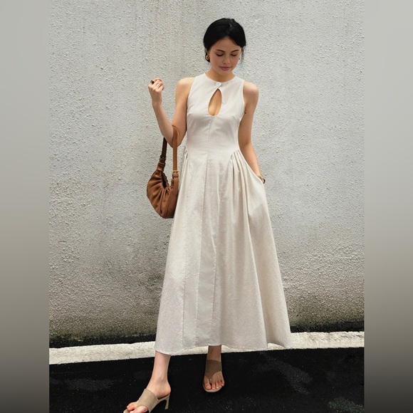 Commense Dresses & Skirts - Commense cream tan Cotton & Linen Pleated Cutout Long Dress
